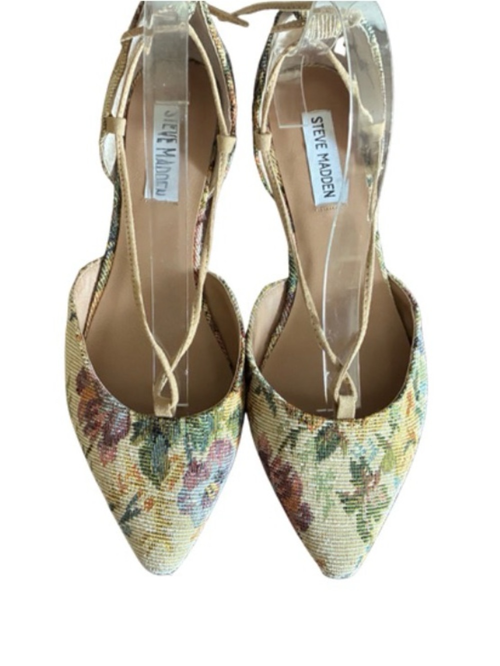 Steve Madden Walkie Flat Sz8.5 Floral Brocade Lace Up Point Toe Shoes Ankle Wrap - Picture 10 of 14